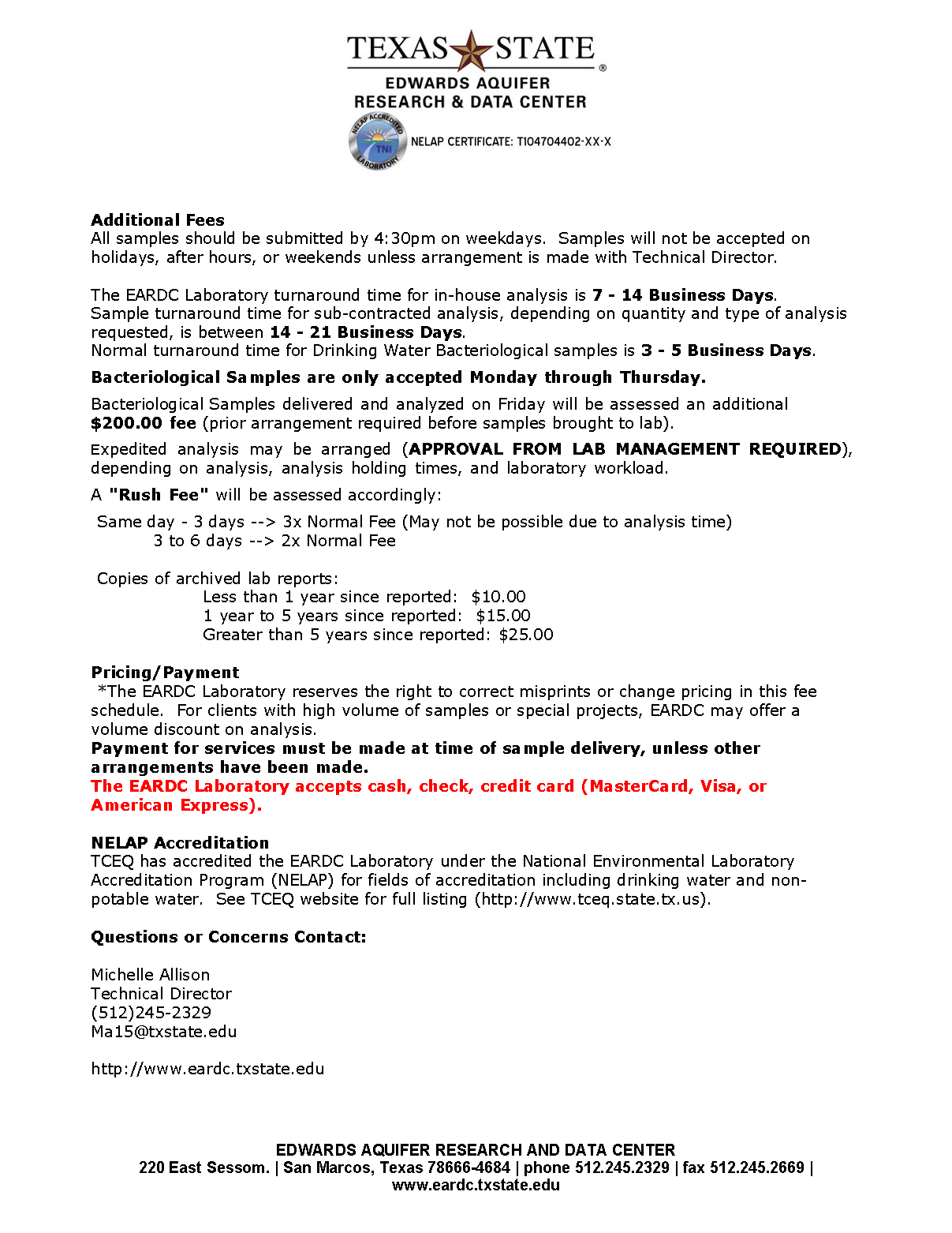 Microbial Forms and Lab Fee Schedule Edwards Aquifer Research & Data